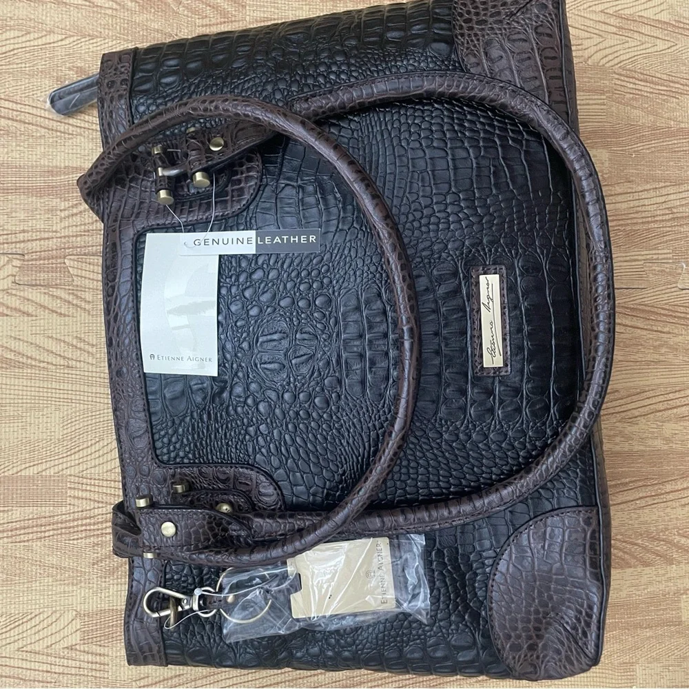Etienne Aigner Leather Croc Embossed Tote - Brown/ black - Picture 1 of 3